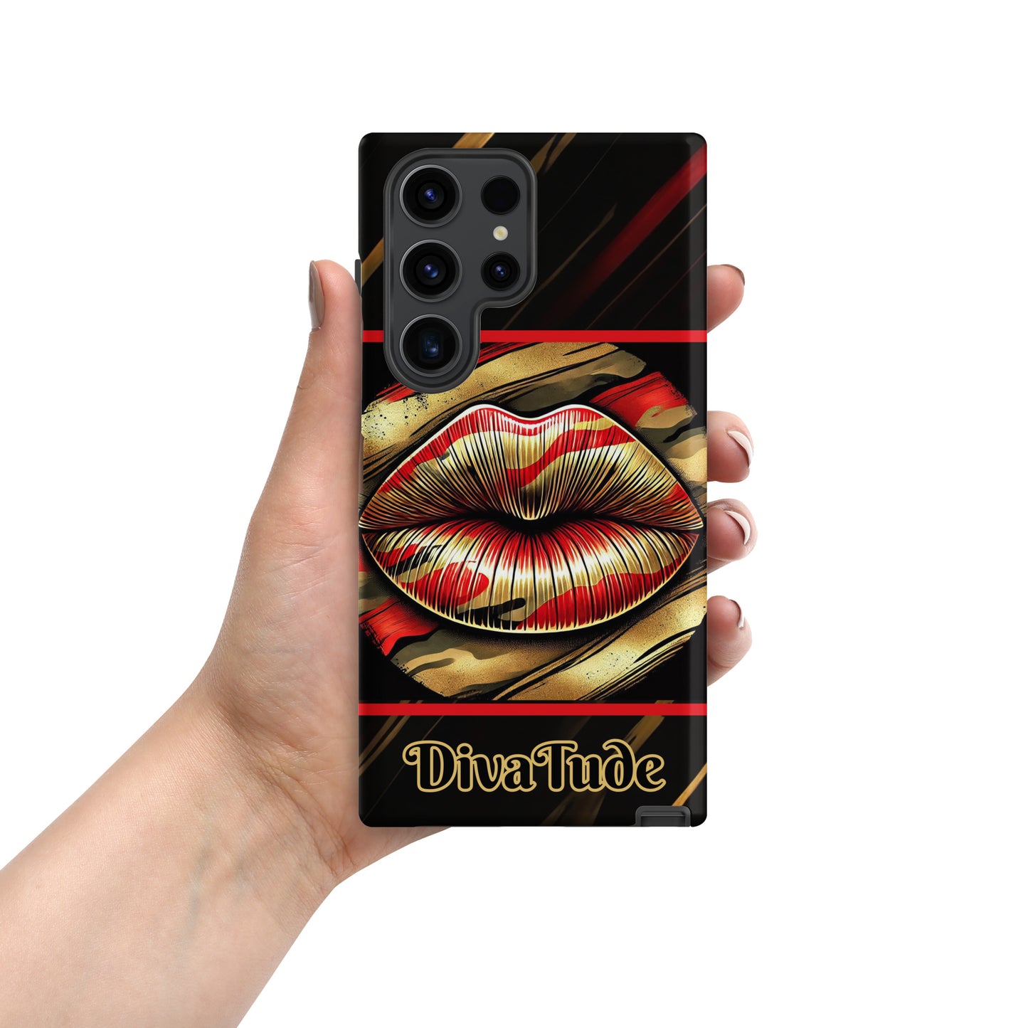 Front of a Samsung glossy case with icon of gold, black, and red lips on black patterned background with words 'Divatude'