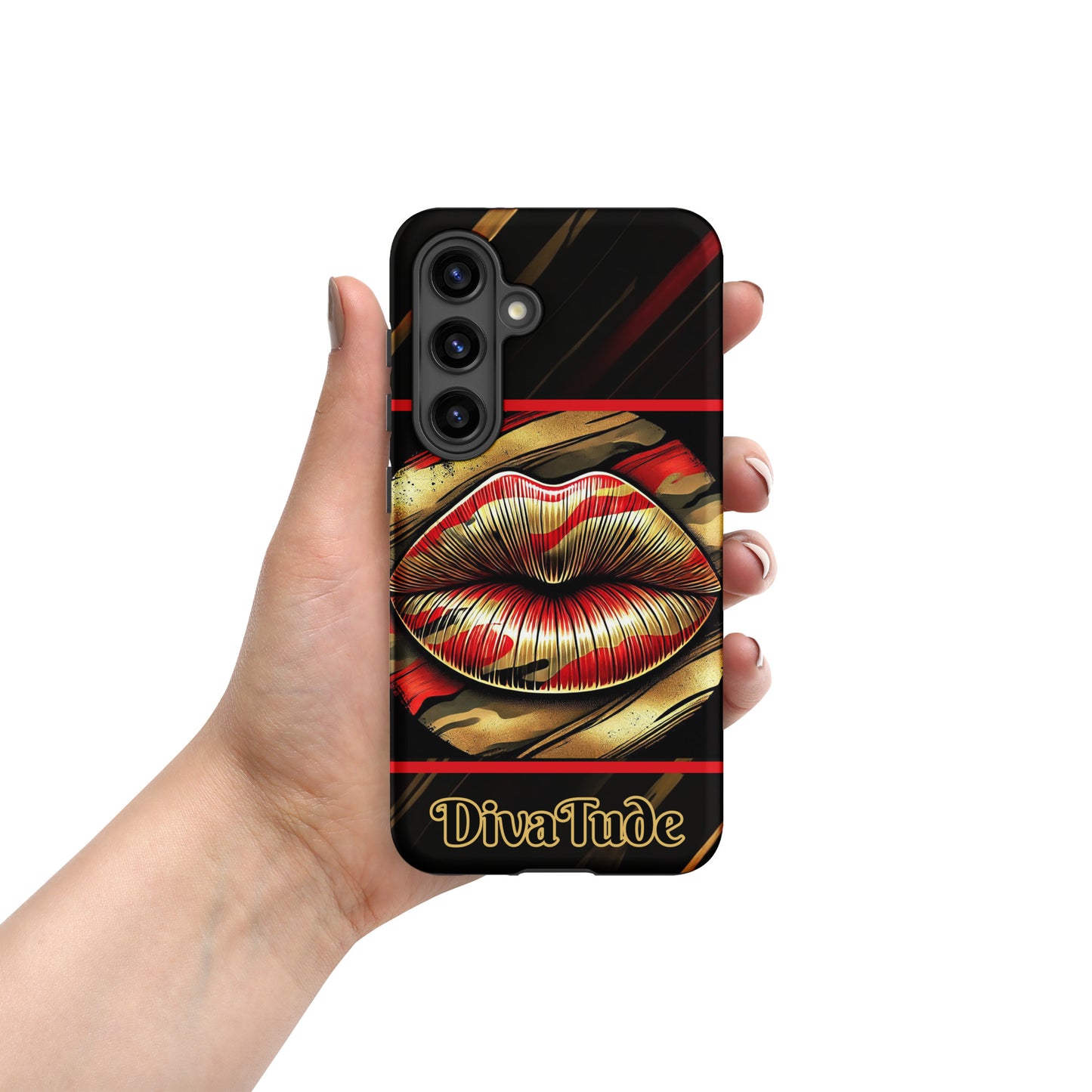 Front of a Samsung glossy case with icon of gold, black, and red lips on black patterned background with words 'Divatude'