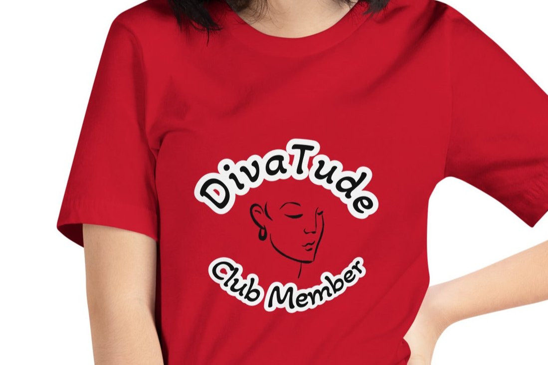 Front of red women's tshirt with image of lady's face in black with white and black text saying "DivaTude' above and 'Club Member' below