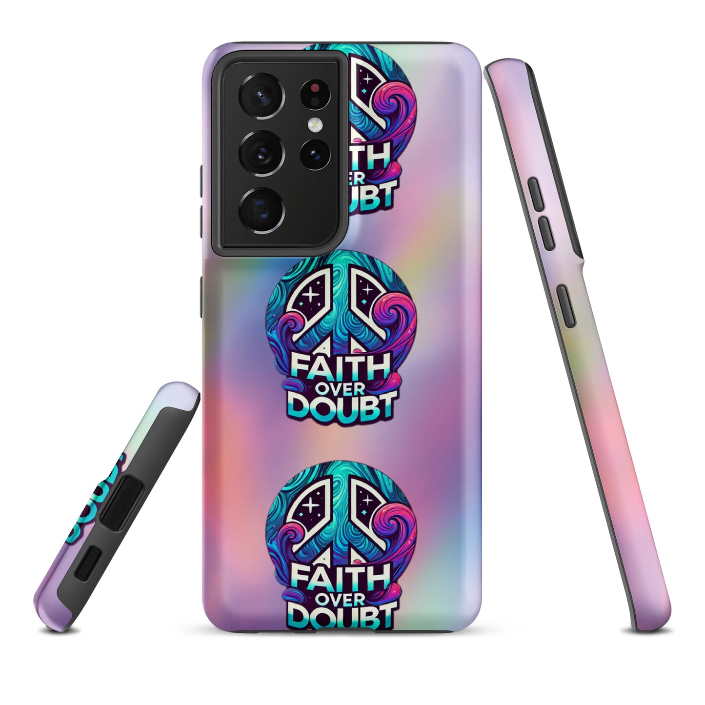 Front of Samsung S21 cover with pastel gradient background and logo pattern 'Faith over doubt'
