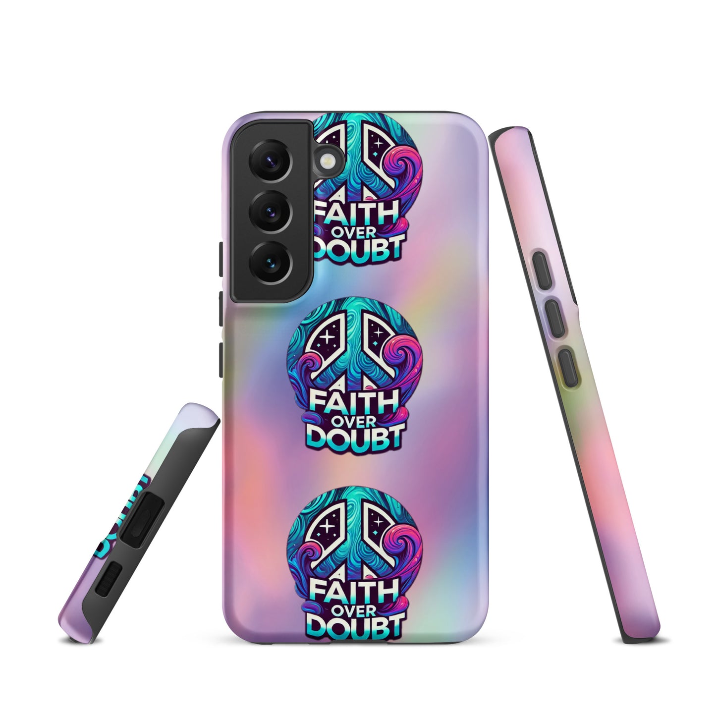 Front of Samsung S22 cover with pastel gradient background and logo pattern 'Faith over doubt'