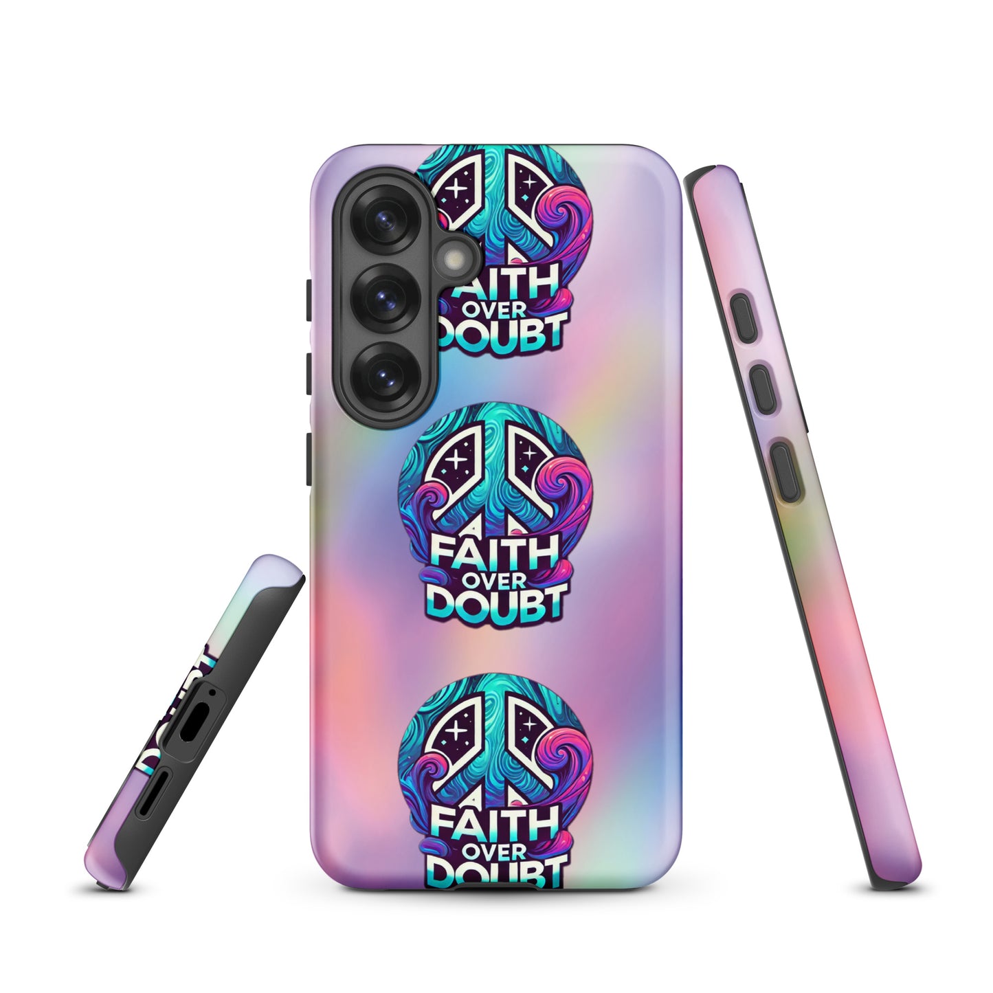 Front of Samsung S25 cover with pastel gradient background and logo pattern 'Faith over doubt'