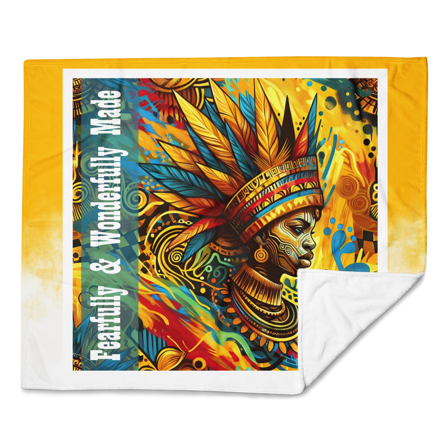 Front of fearfully, wonderfully made 50 x 60 throw laying flat with image of African ethnic woman in colorful background and attire
