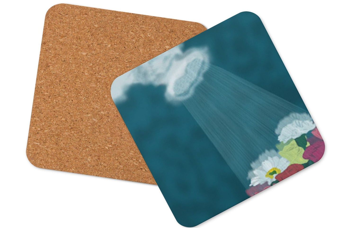 Cork back coaster with blue and white illustration of rain cloud, rain, and multi-colored flowers