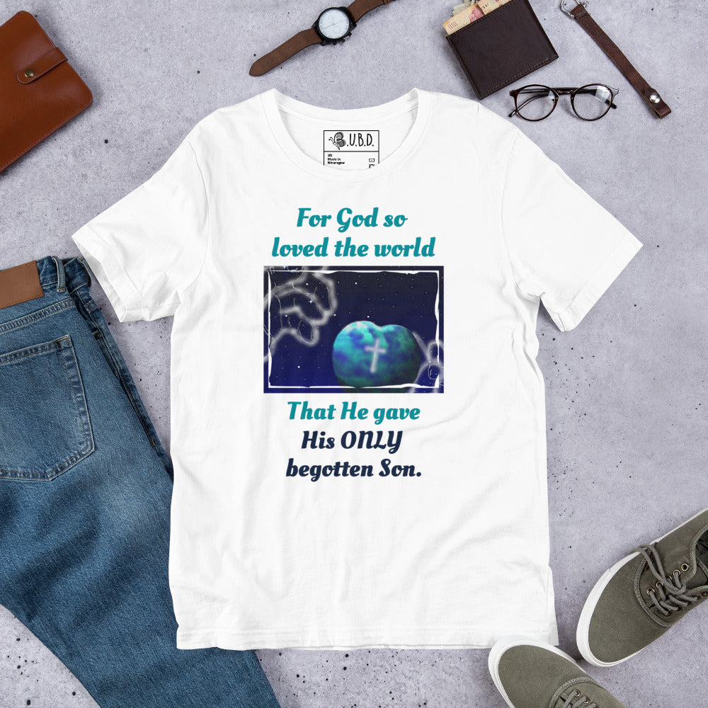 Front of white t-shirt with image depicting God's hands, heart-shaped world, with cross imprint and with John 3:16 scripture