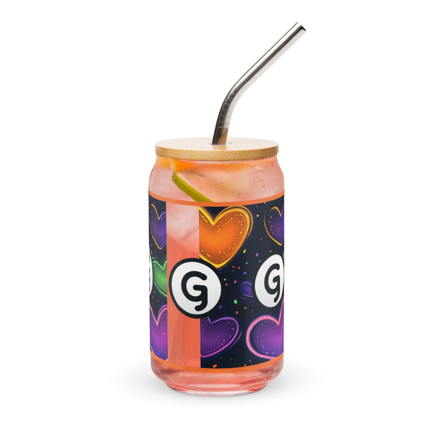 Left of can-shaped glassware with 'g' girlish logo on orange, green. and purple hearts and black background