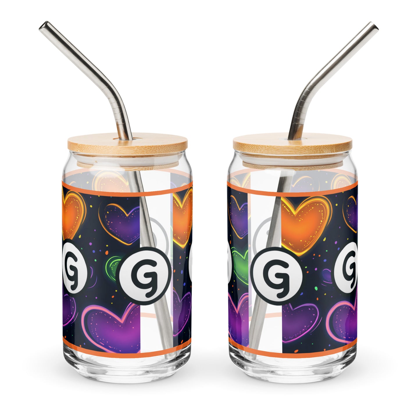 Sides of two can-shaped glassware with 'g' girlish logo on orange, green. and purple hearts and black background
