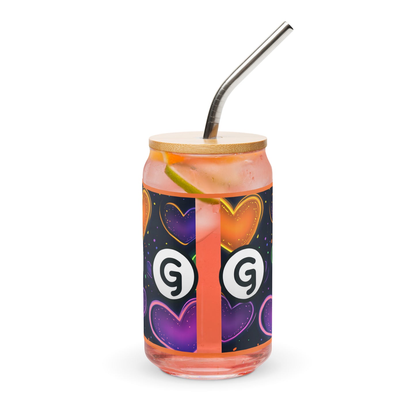 Back of can-shaped glassware with 'g' girlish logos on orange, green. and purple hearts and black background