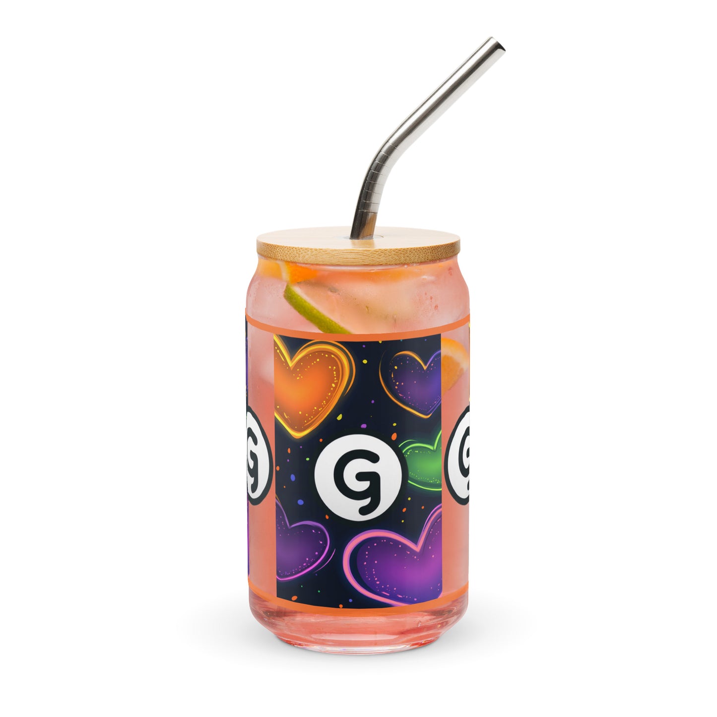 Front of can-shaped glassware with 'g' girlish logo on orange, green. and purple hearts and black background