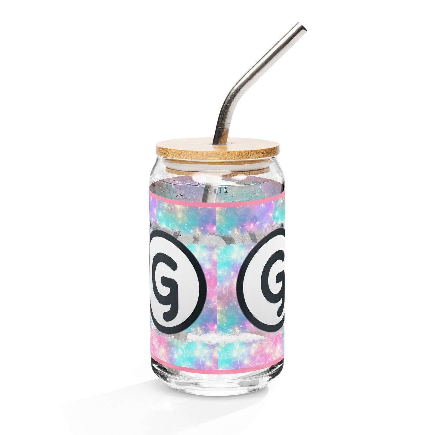 Back of can-shaped glassware with 'g' girlish logos on pastel lights-like background