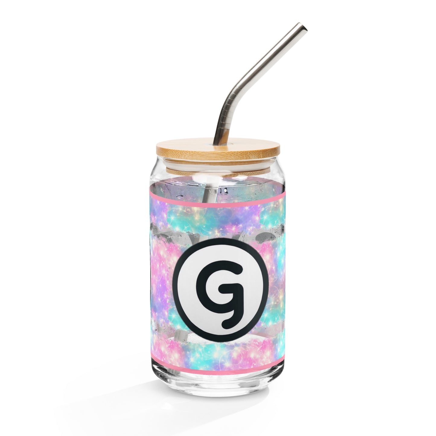 Front of can-shaped glassware with 'g' girlish logo on pastel lights-like background