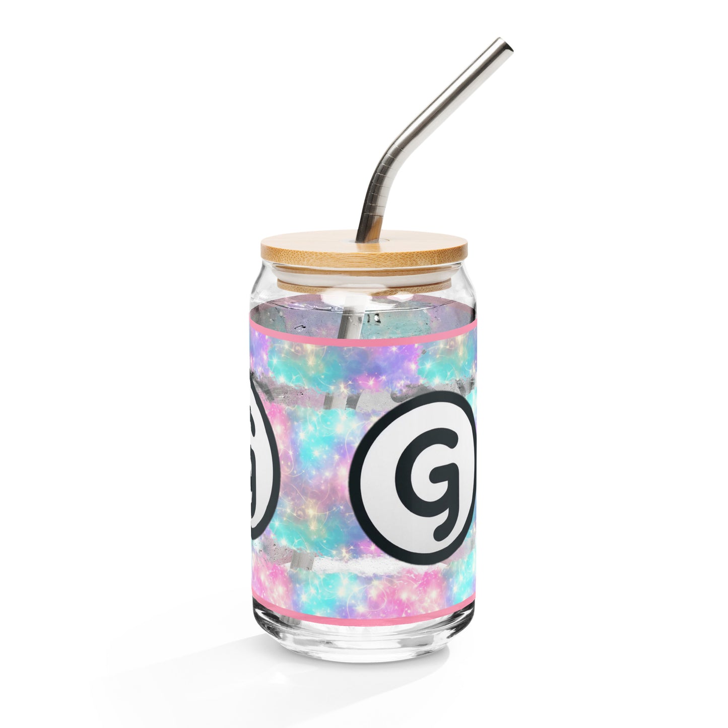 Left of can-shaped glassware with 'g' girlish logo on pastel lights-like background