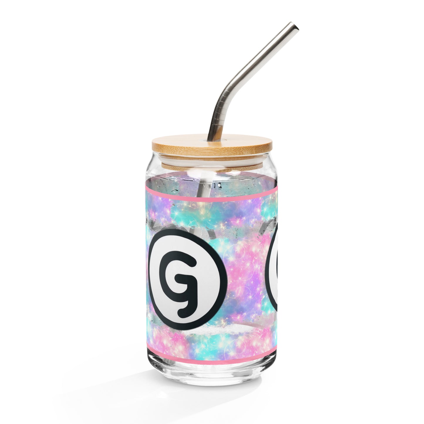 Right can-shaped glassware with 'g' girlish logo on pastel speckled-like background