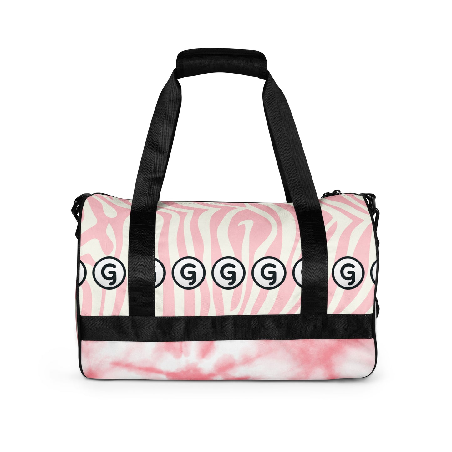 Back of Girlish gym bag with pink and white background and 'G' logos