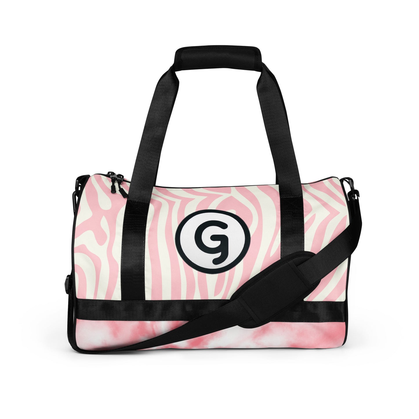 Front of Girlish gym bag with pink and white background and 'G' logo