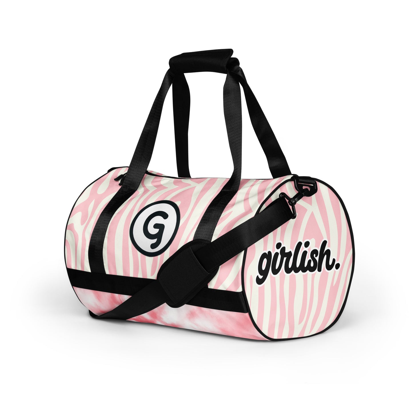 Left front of Girlish gym bag with pink and white background and 'G' logo and text 'girlish'