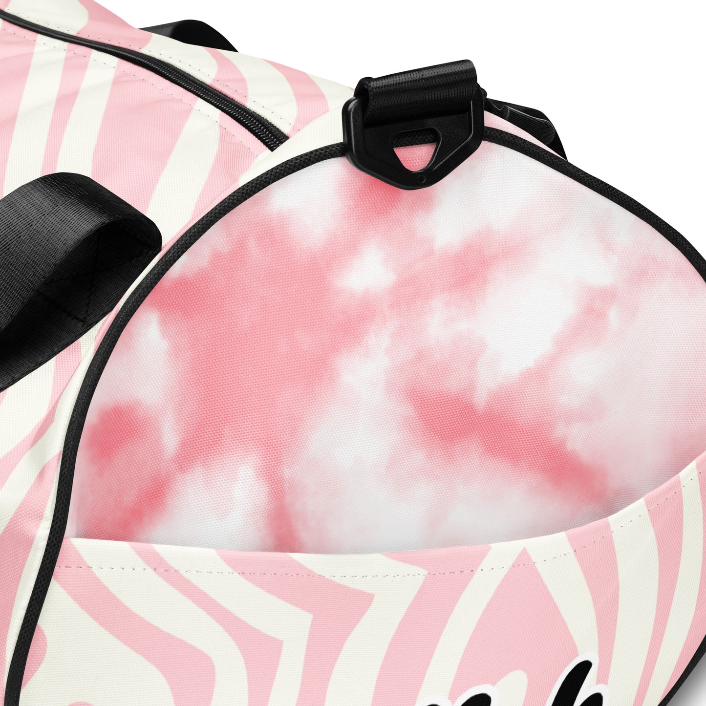Product detail of Girlish gym bag's pocket with pink and white background
