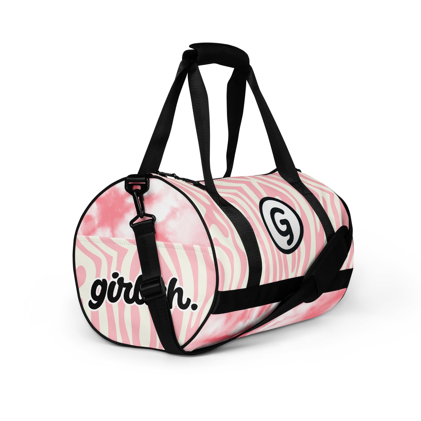 Right front of Girlish gym bag with pink and white background and 'G' logo and text 'girlish'