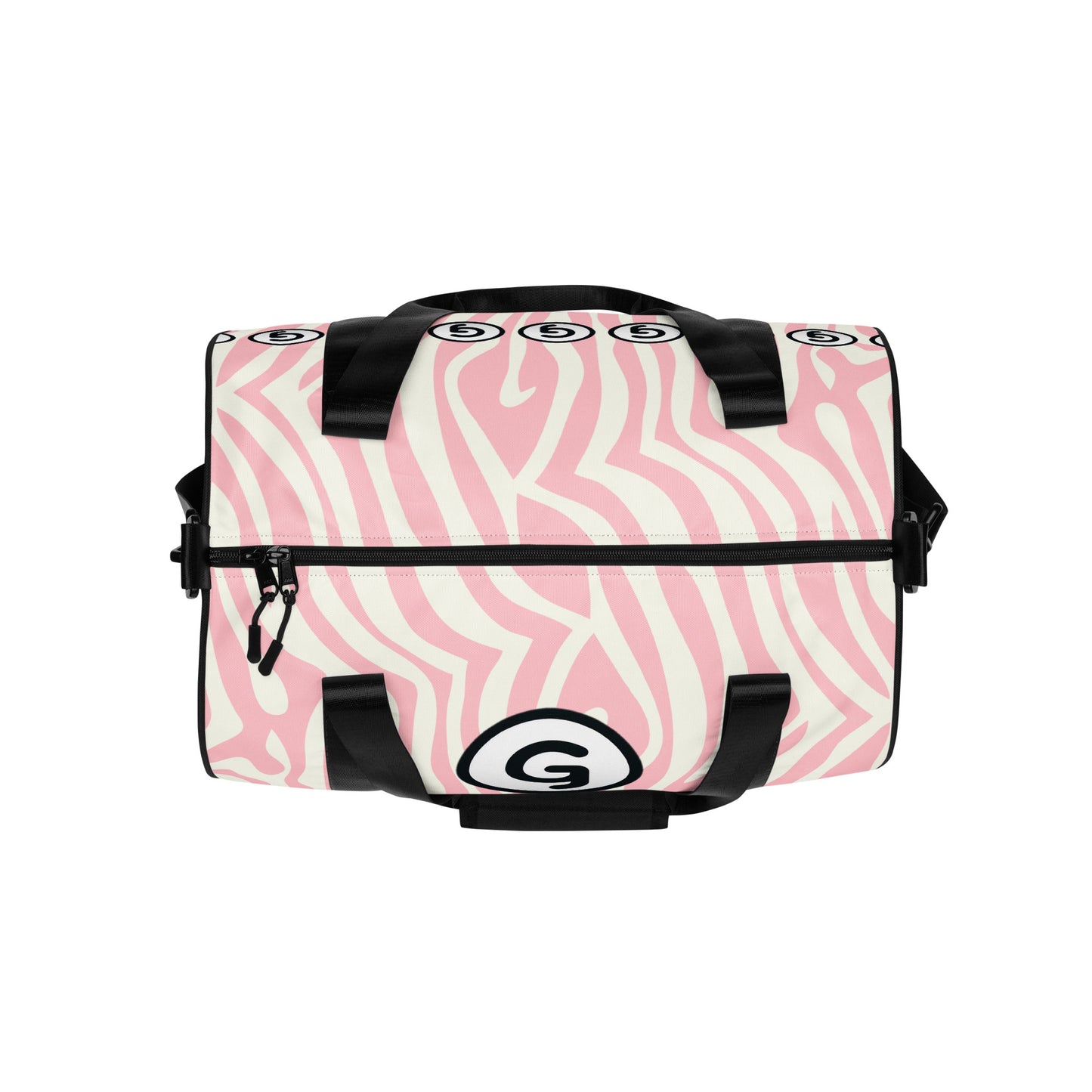 Top of Girlish gym bag with pink and white background and 'G' logo and text 'girlish'