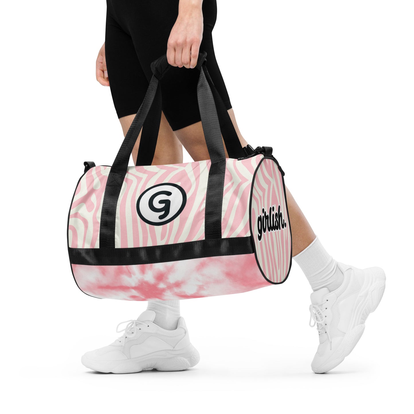 Front of Girlish gym bag with pink and white background and 'G' logo and text 'girlish' handled