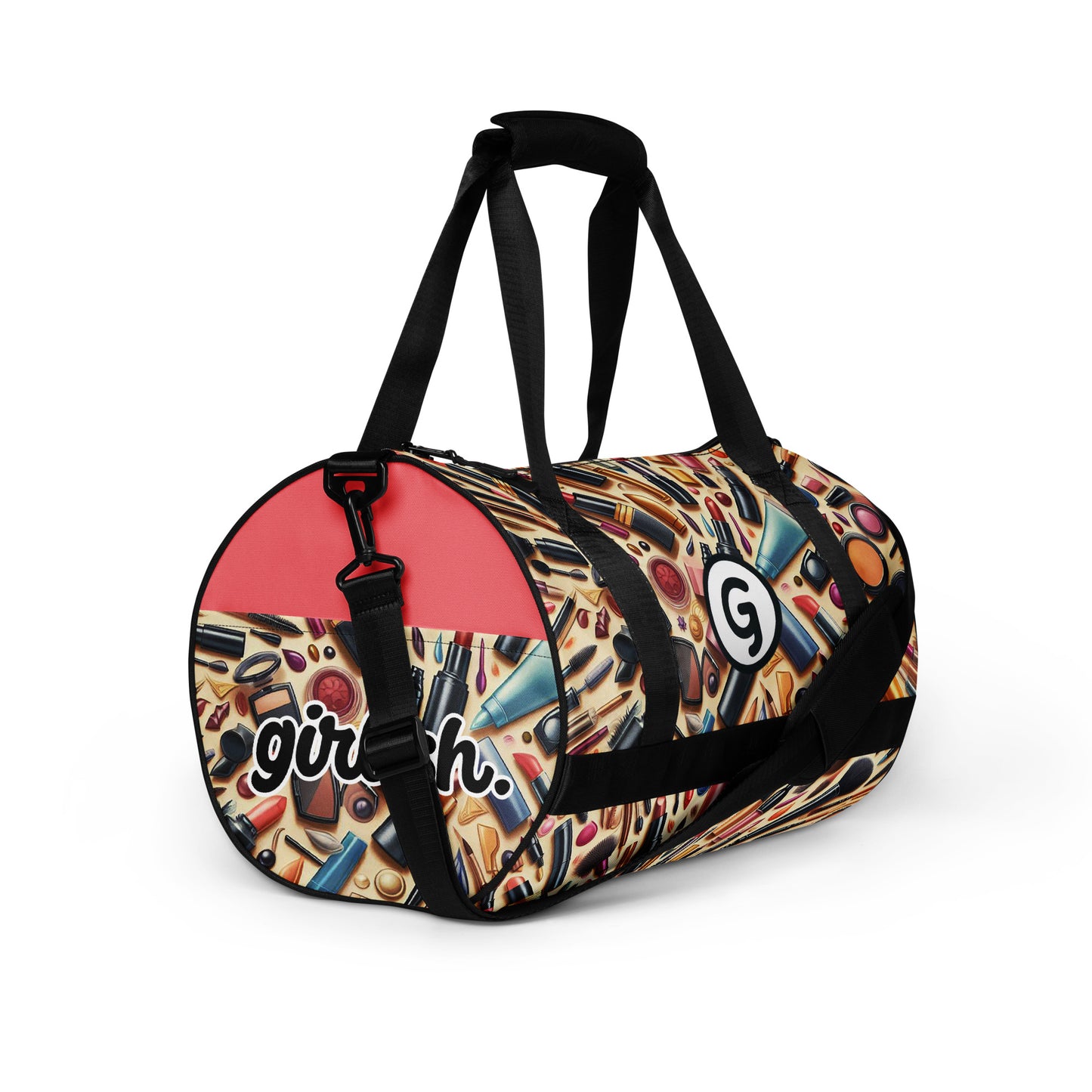 Right front of Girlish gym bag with makeup background and 'g' symbol and text on side 'girlish.'