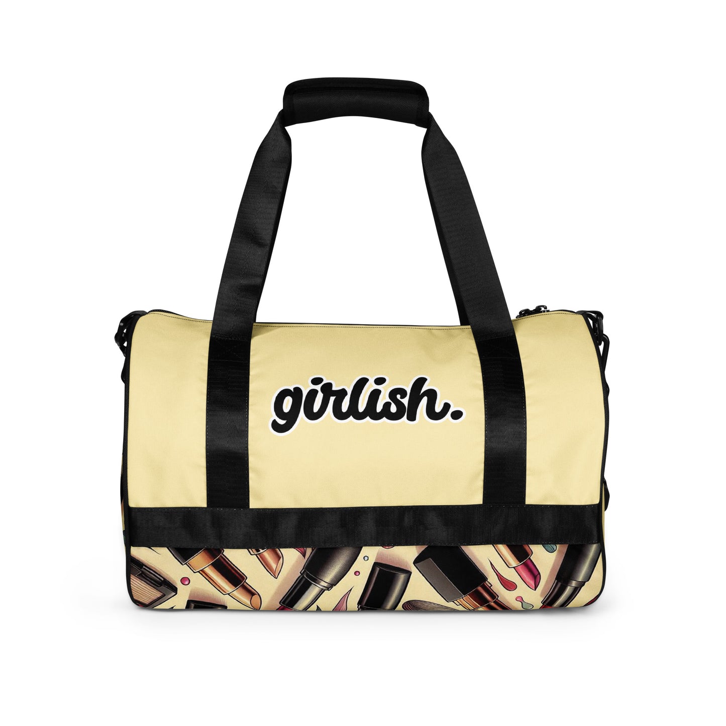Back of Girlish gym bag with makeup background and text 'girlish'