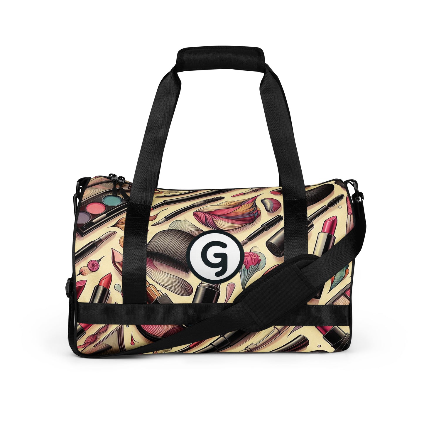 Front of Girlish gym bag with makeup background and 'g' symbol