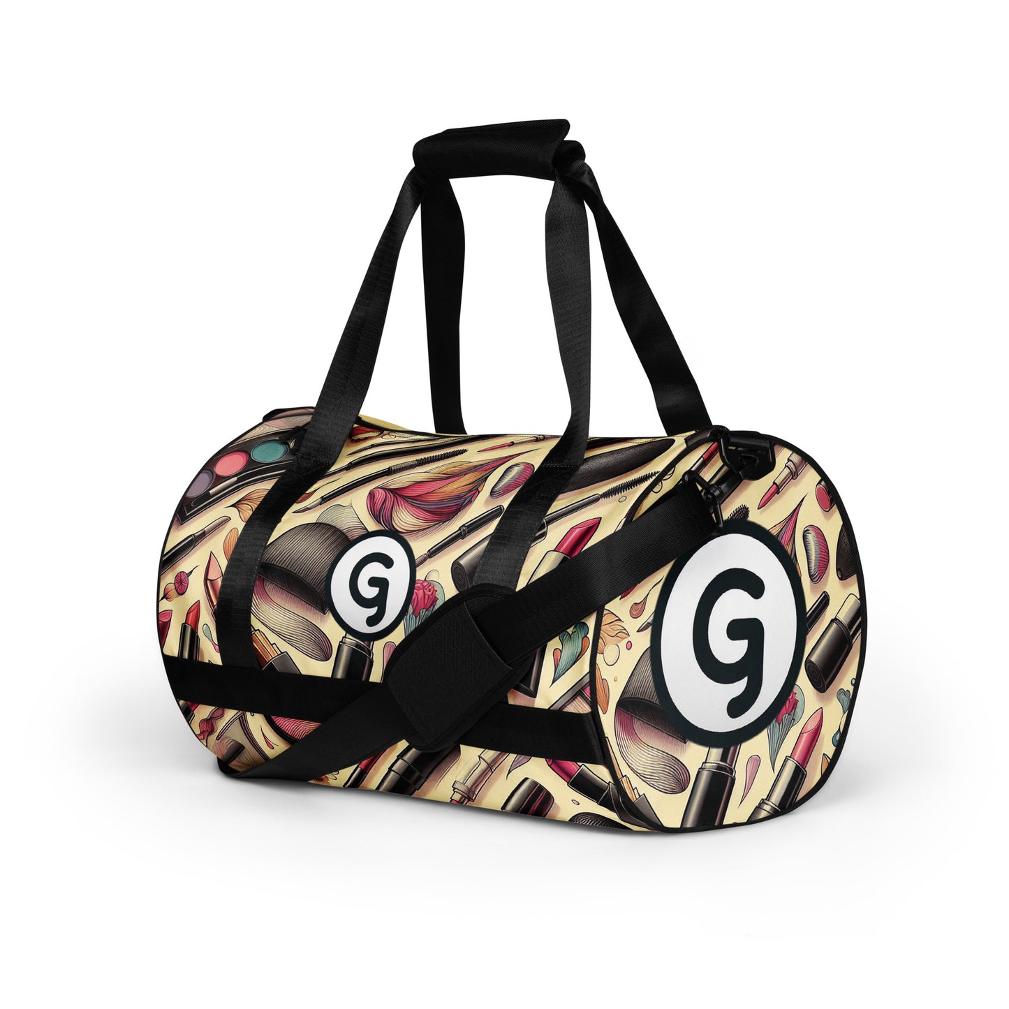 Left front of Girlish gym bag with makeup background and 'g' symbols