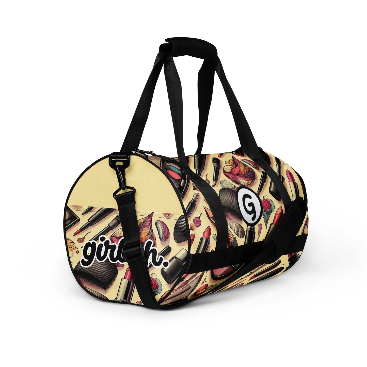 Right front of Girlish gym bag with makeup background and 'g' symbol and text 'girlish'