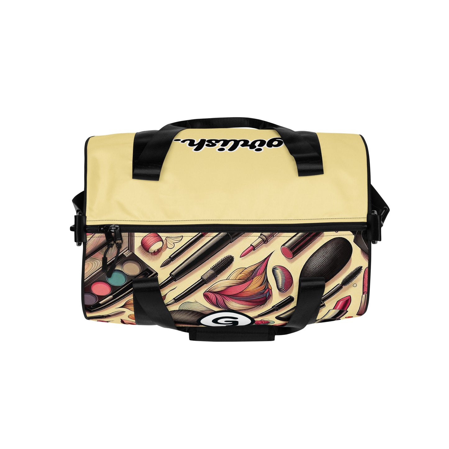 Top of Girlish gym bag with makeup background and 'g' symbol and text 'girlish'