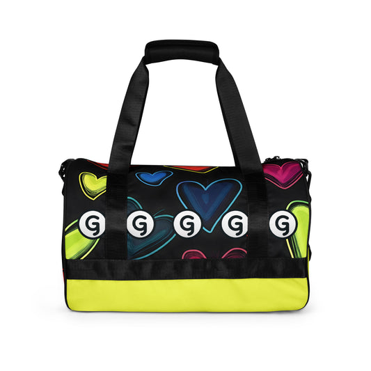 Back of gym back with hearts on black background and Girly logos