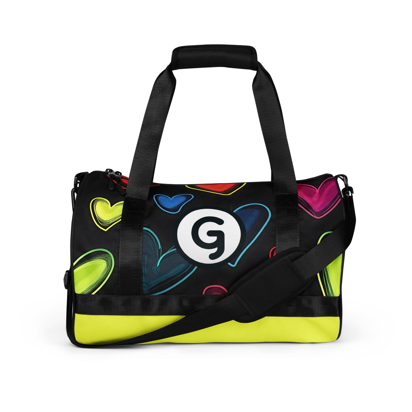 Front of gym back with hearts on black background and Girly logo