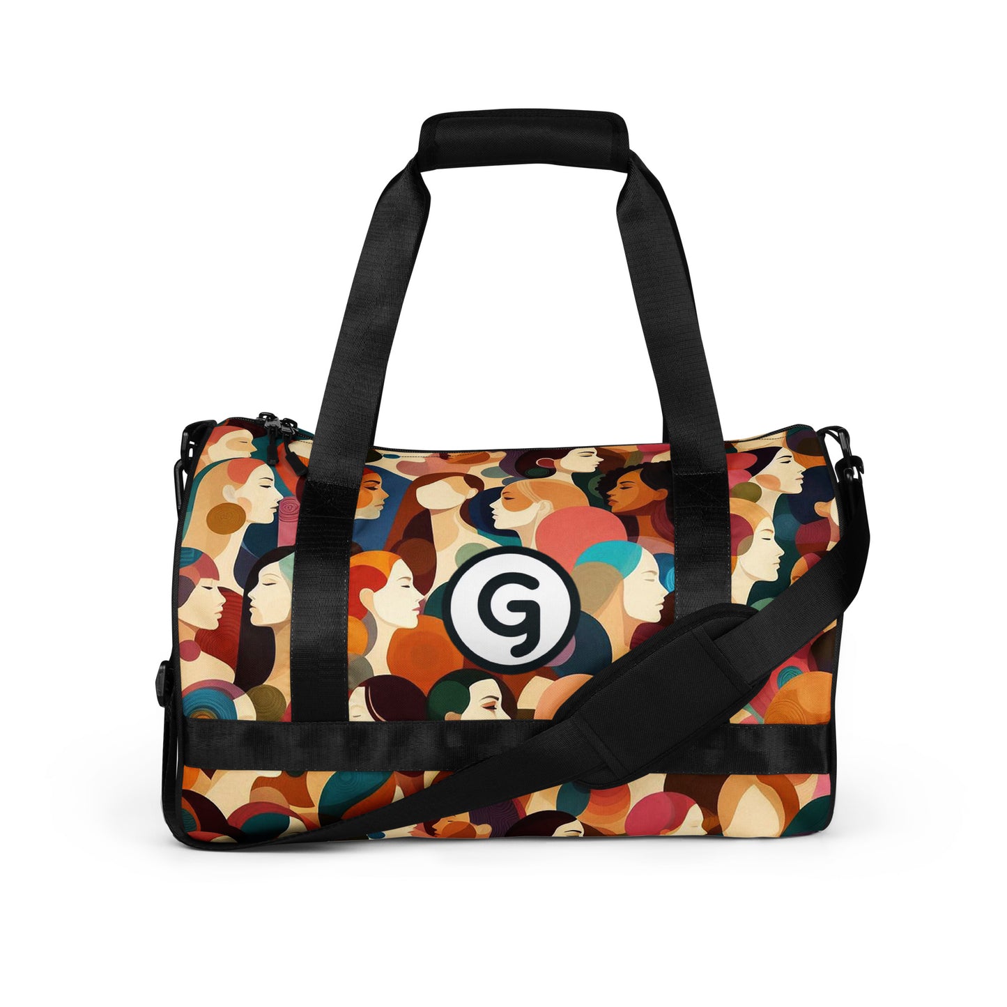Front of Girlish gym bag with faces background and 'g' symbol