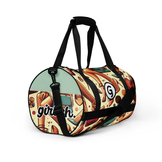 Right front of Girlish gym bag with shoe wear background and 'g' symbol and text on side 'girlish.'