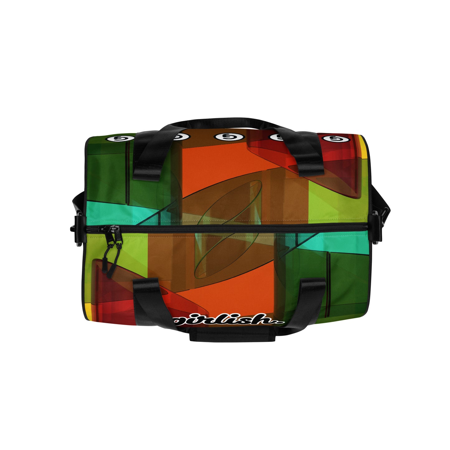 Top of gym bag with on square pattern of brown, red, green, and gold background