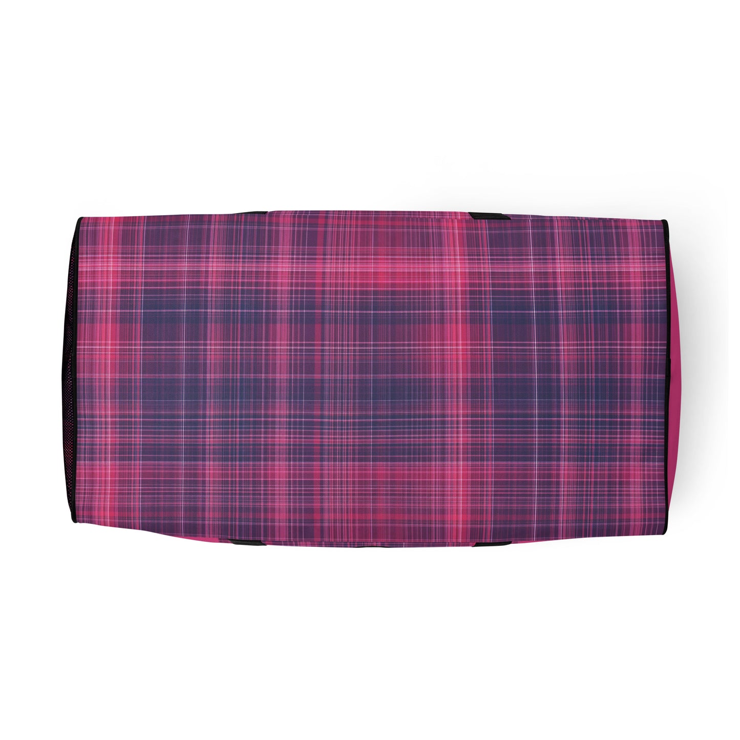 Bottom of God's Property duffel bag with purple and fuchsia plaid print