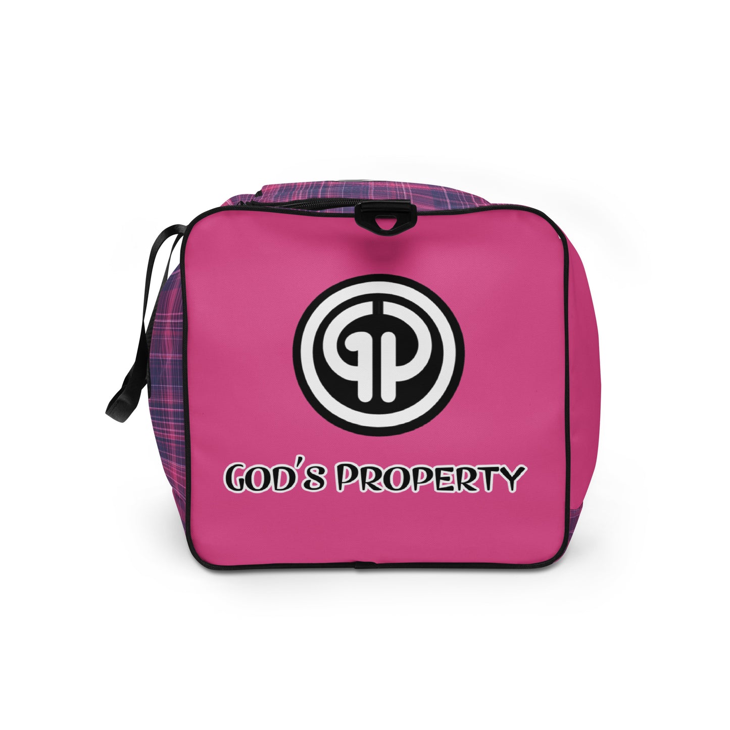 Left side detailed view of God's Property duffel bag with purple and fuchsia plaid print and GP logo