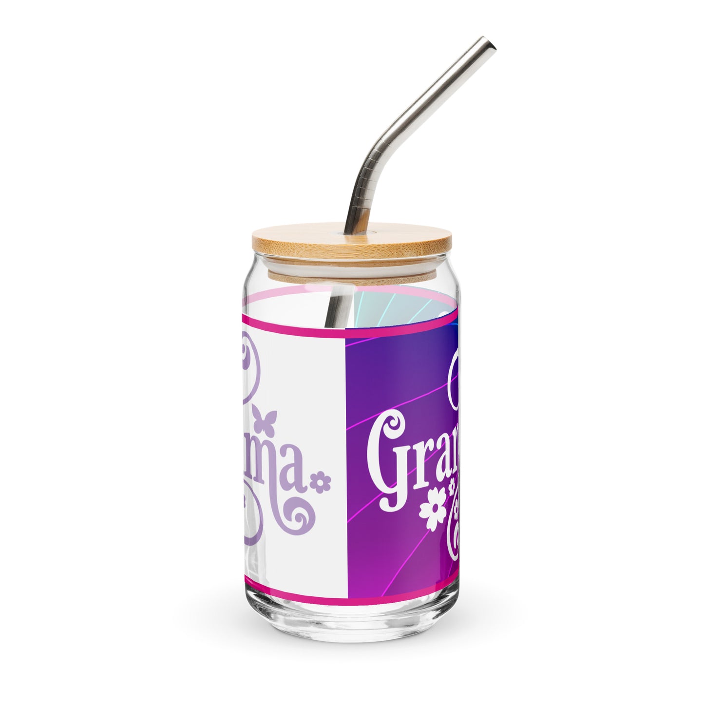Can-shaped 16 oz glass with straw and lid with right side showing purple and blue print with white text and saying 'grandma' and let side showing white with purple text saying 'grandma'