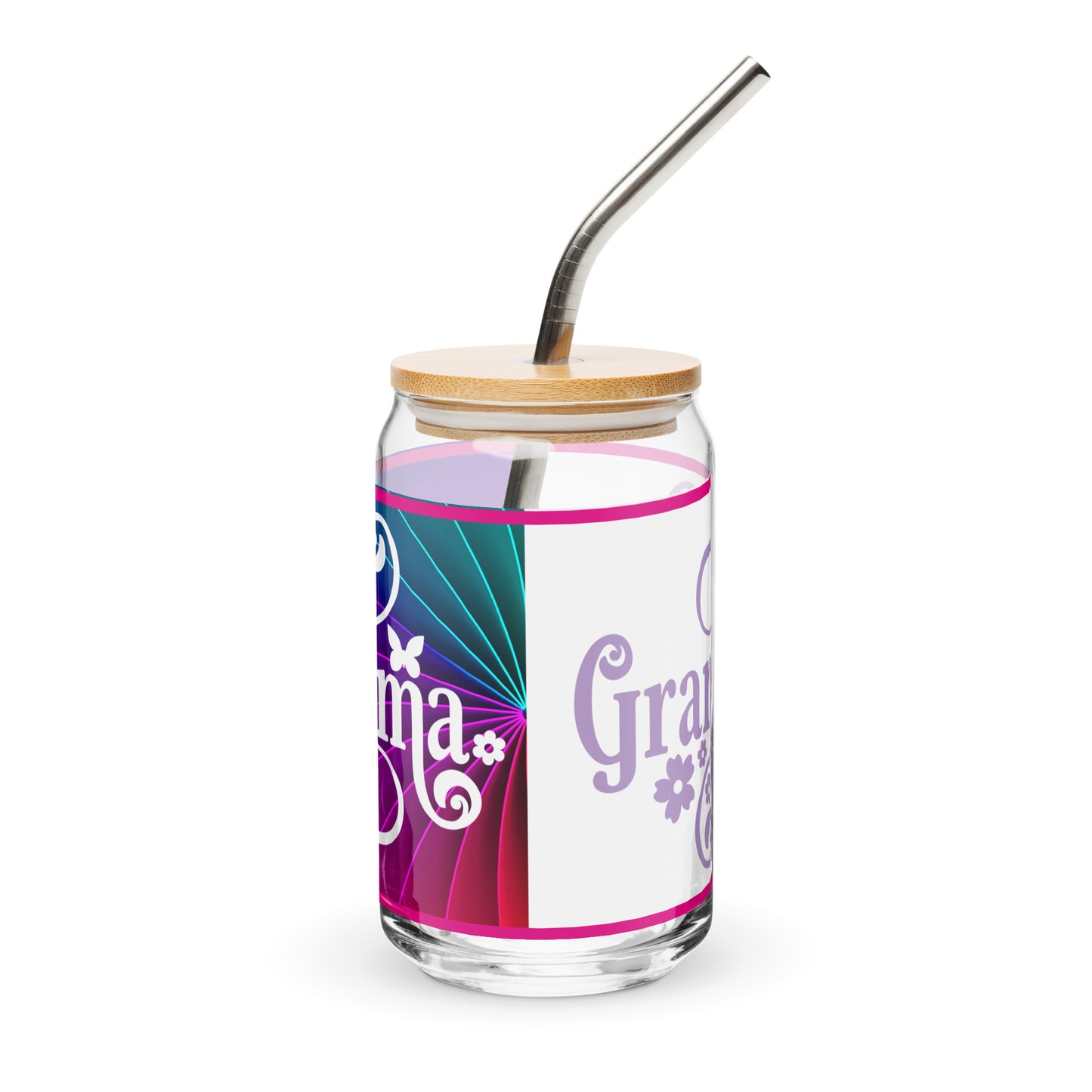 Can-shaped 16 oz glass with straw and lid with left side showing purple and blue print with white text and saying 'grandma' and right side showing white with purple text saying 'grandma'