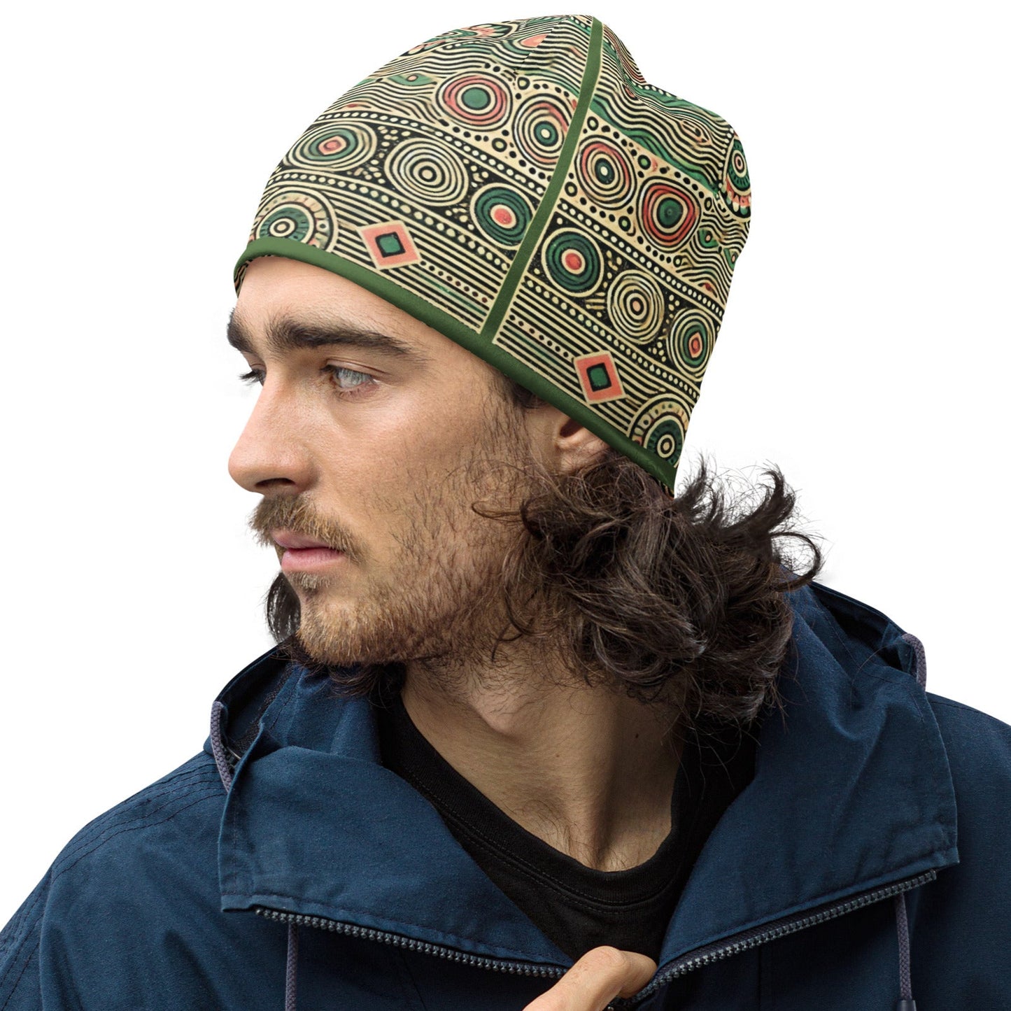 Left front of green and pink printed beanie