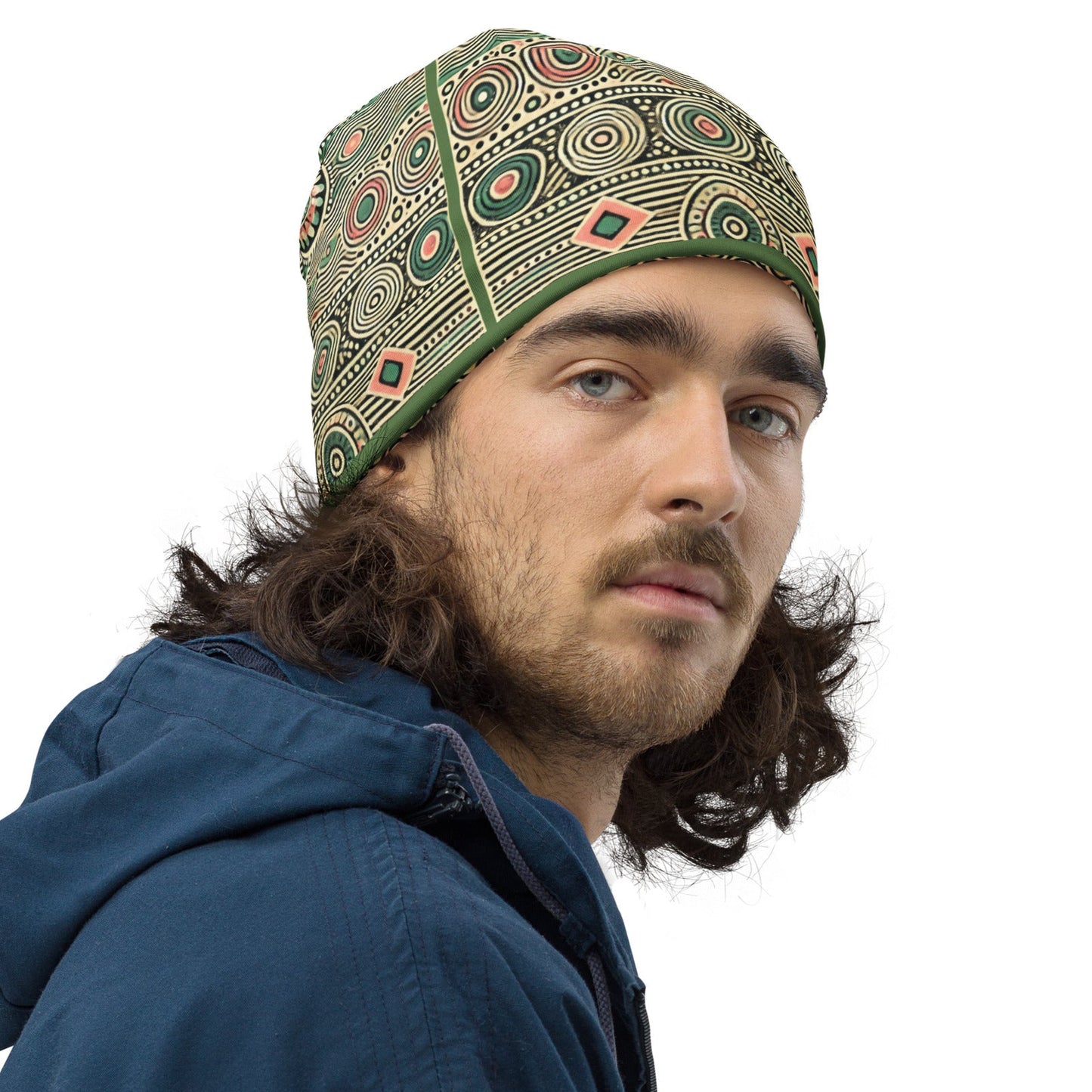 Right front of green and pink printed beanie