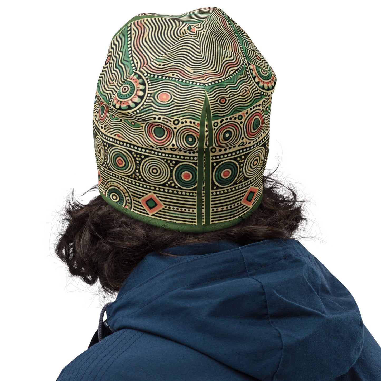 Back of green and pink printed beanie