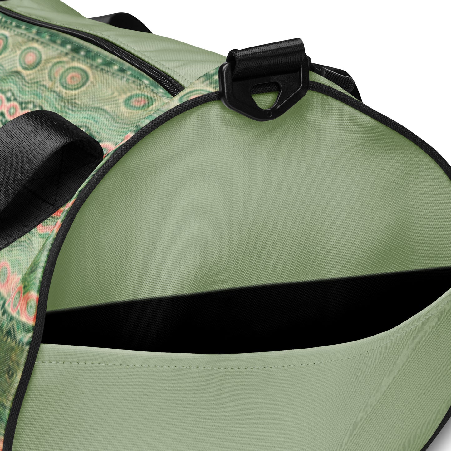 Details of green and pink print gym bag