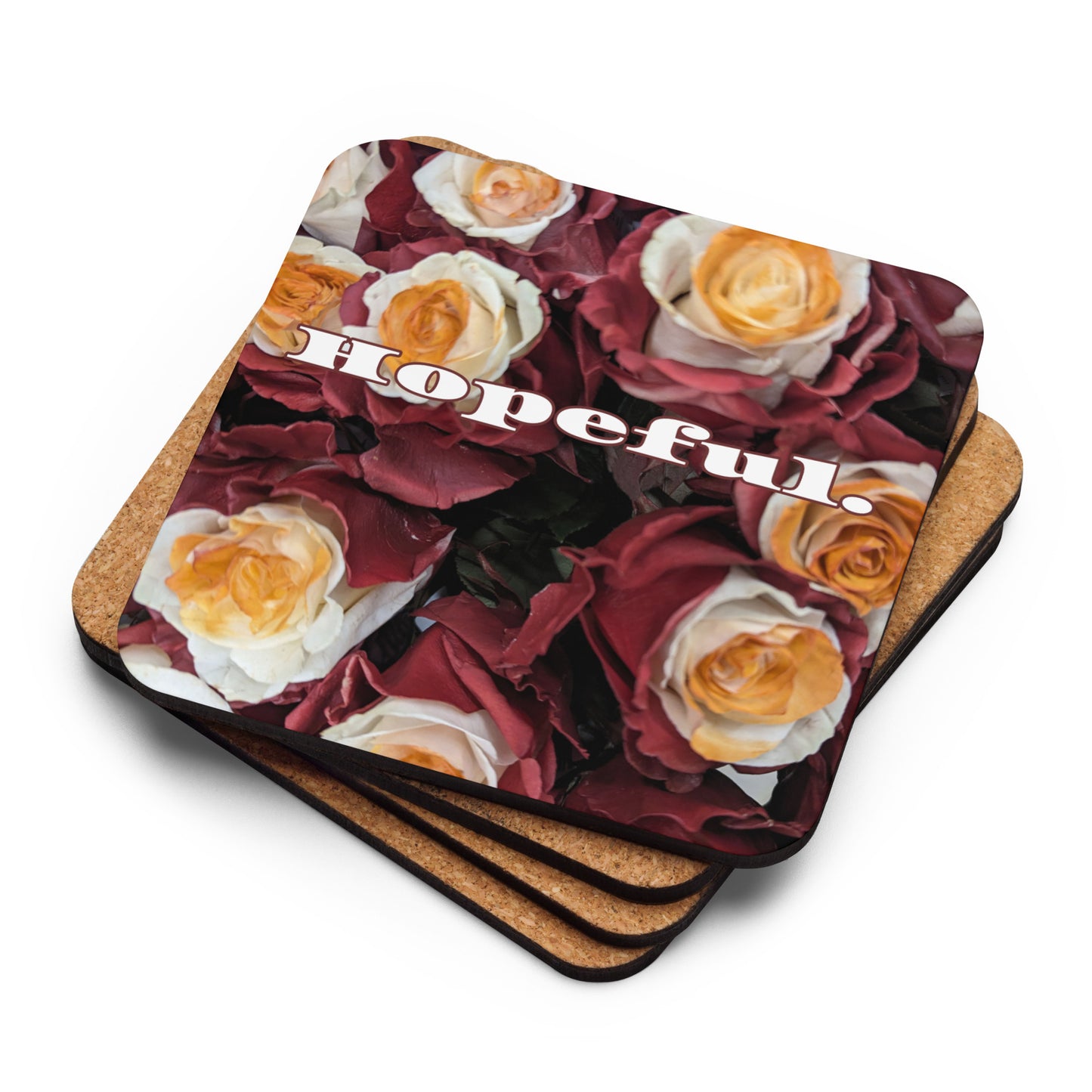 Front of Cork-back-coaster with burgundy flowered background and white text saying 'hopeful'