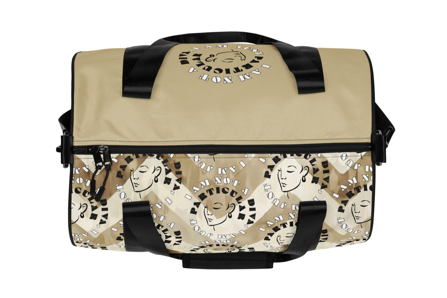 Top of beige print gym bag with icons of woman's face and text saying 'I am not a diva, I am just particular'