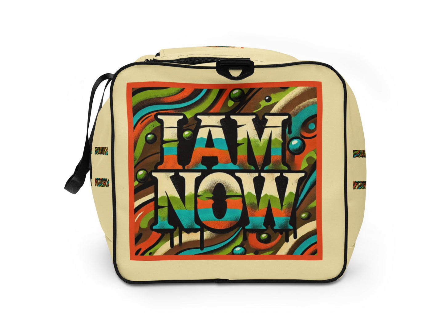 Left side of beige duffle with 'I Am Now' green camou icon