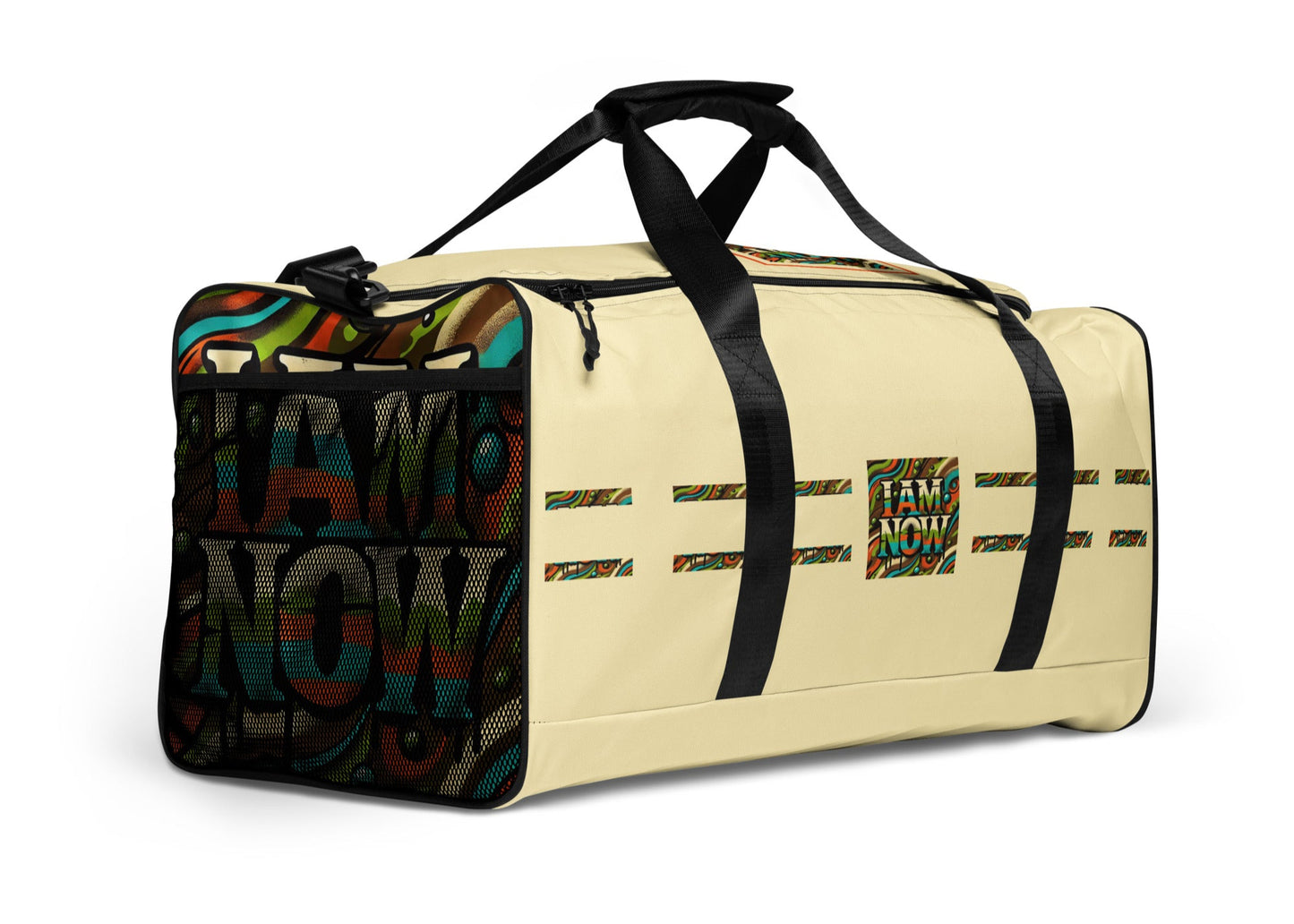 Right front of beige duffle with 'I Am Now' green camou icons