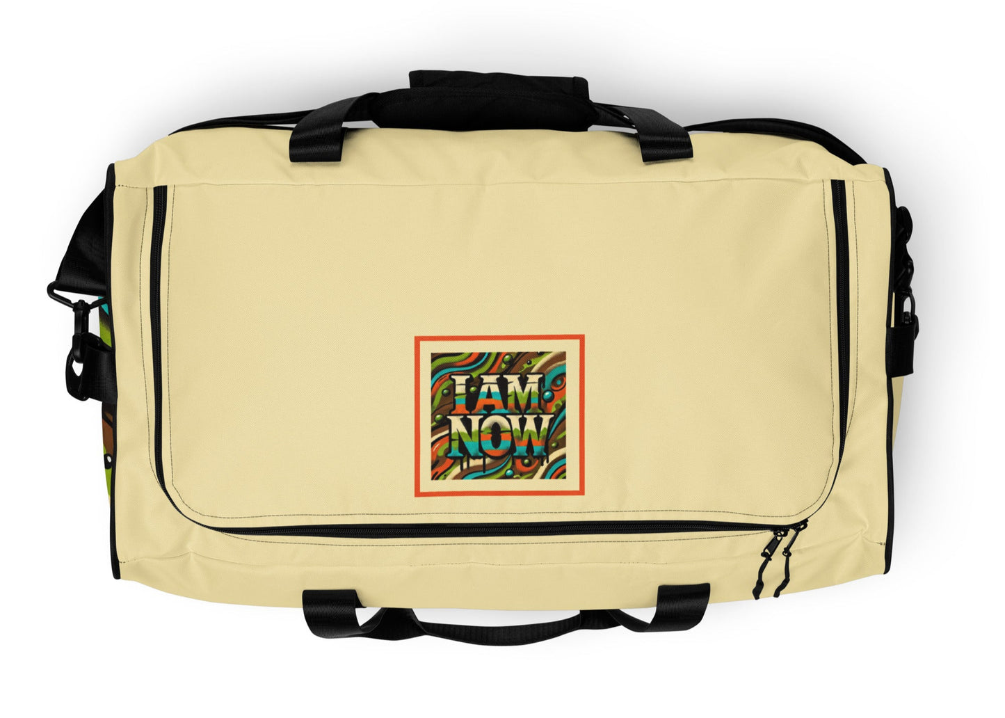 Top of beige duffle with 'I Am Now' green camou icon