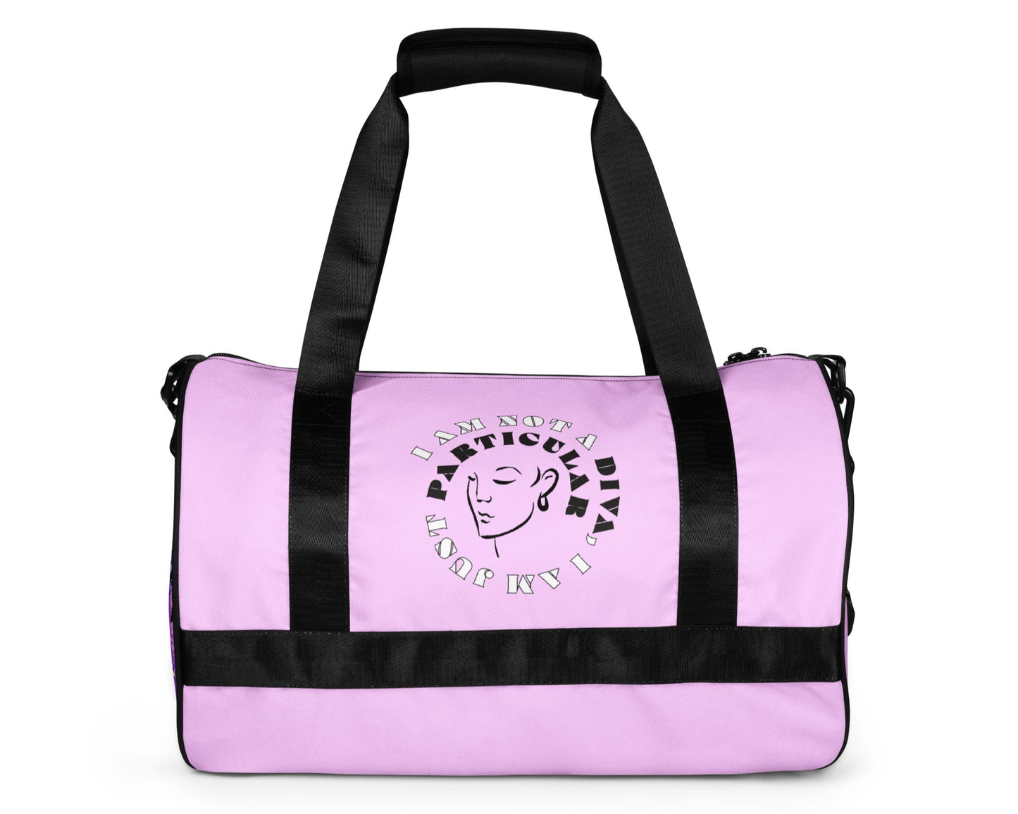 Back front of lilac gym bag with icon of woman's face and text saying 'I am not a diva, I am just particular'
