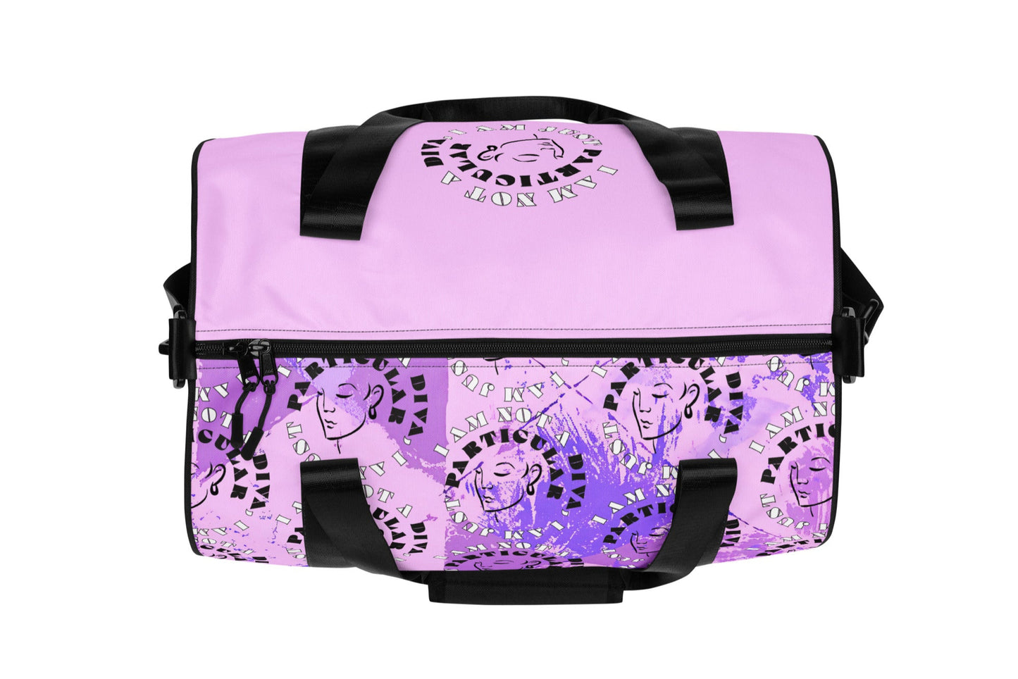 Top of lilac print gym bag with icons of woman's face and text saying 'I am not a diva, I am just particular'